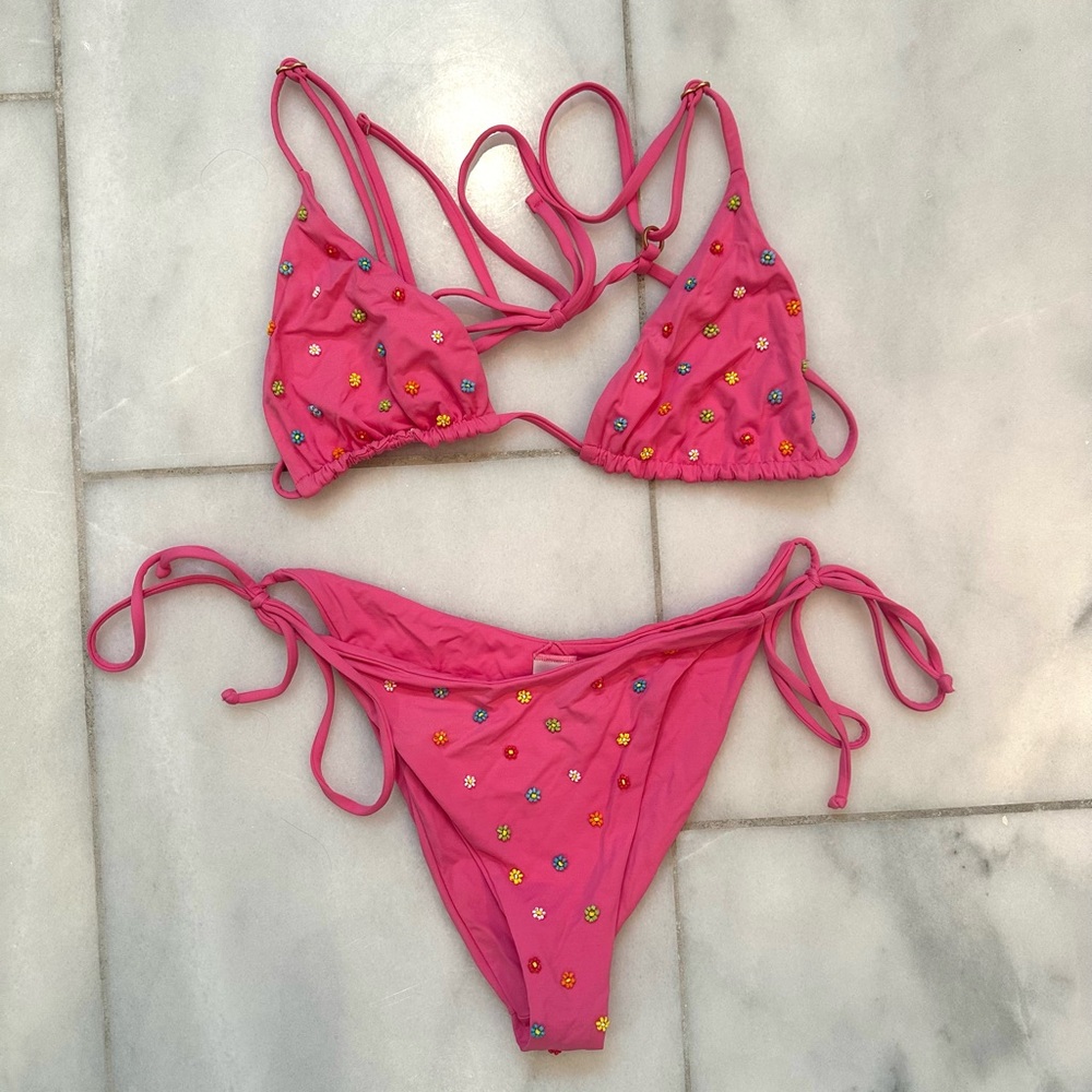 L*Space Pink Floral Beaded Brittany Bikini Top